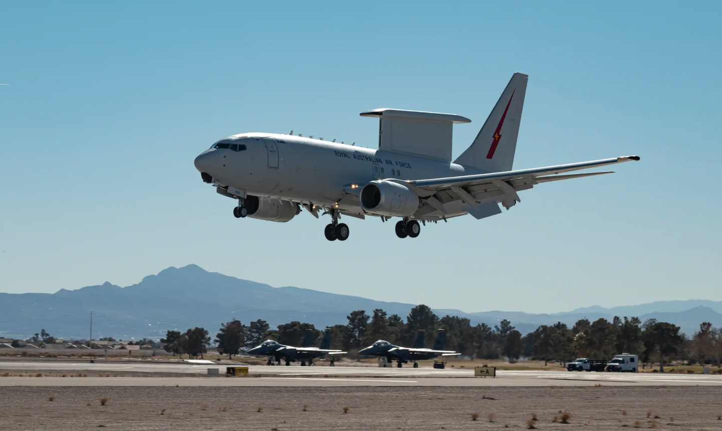 An E-7A Wedgetail from the Royal Australian Air Force lands at Nellis Air Force Base, Nevada, on January 20, 2022, for Red Flag 22-1.&nbsp;<em>U.S. Air Force/William R. Lewis</em>