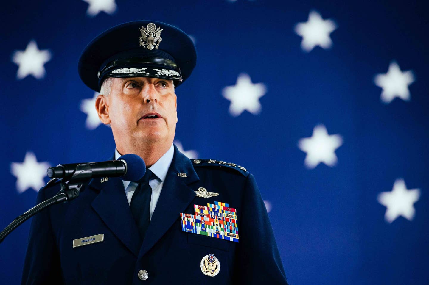 U.S. Air Force Gen. Mike Minihan, incoming Air Mobility Command commander, gives a speech at Scott Air Force Base, Illinois, Oct. 5, 2021. Minihan, succeeded Gen. Jacqueline D. Van Ovost. <em>U.S. Air Force Photo by Airman 1st Class Isaac Olivera</em>
