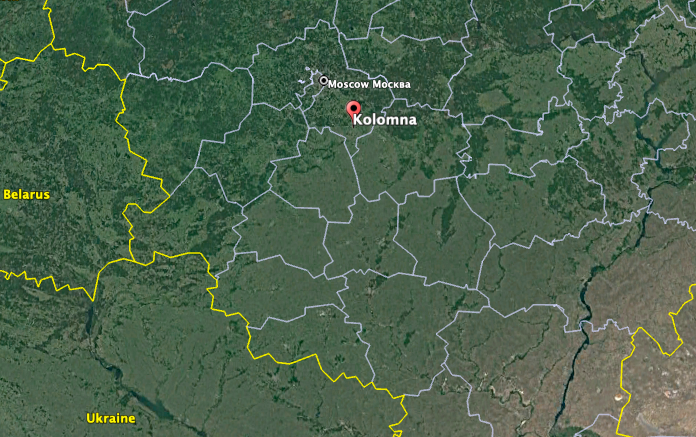 Kolomna is about 70 miles southeast of Moscow and more than 275 miles from Ukraine. (Google Earth image).