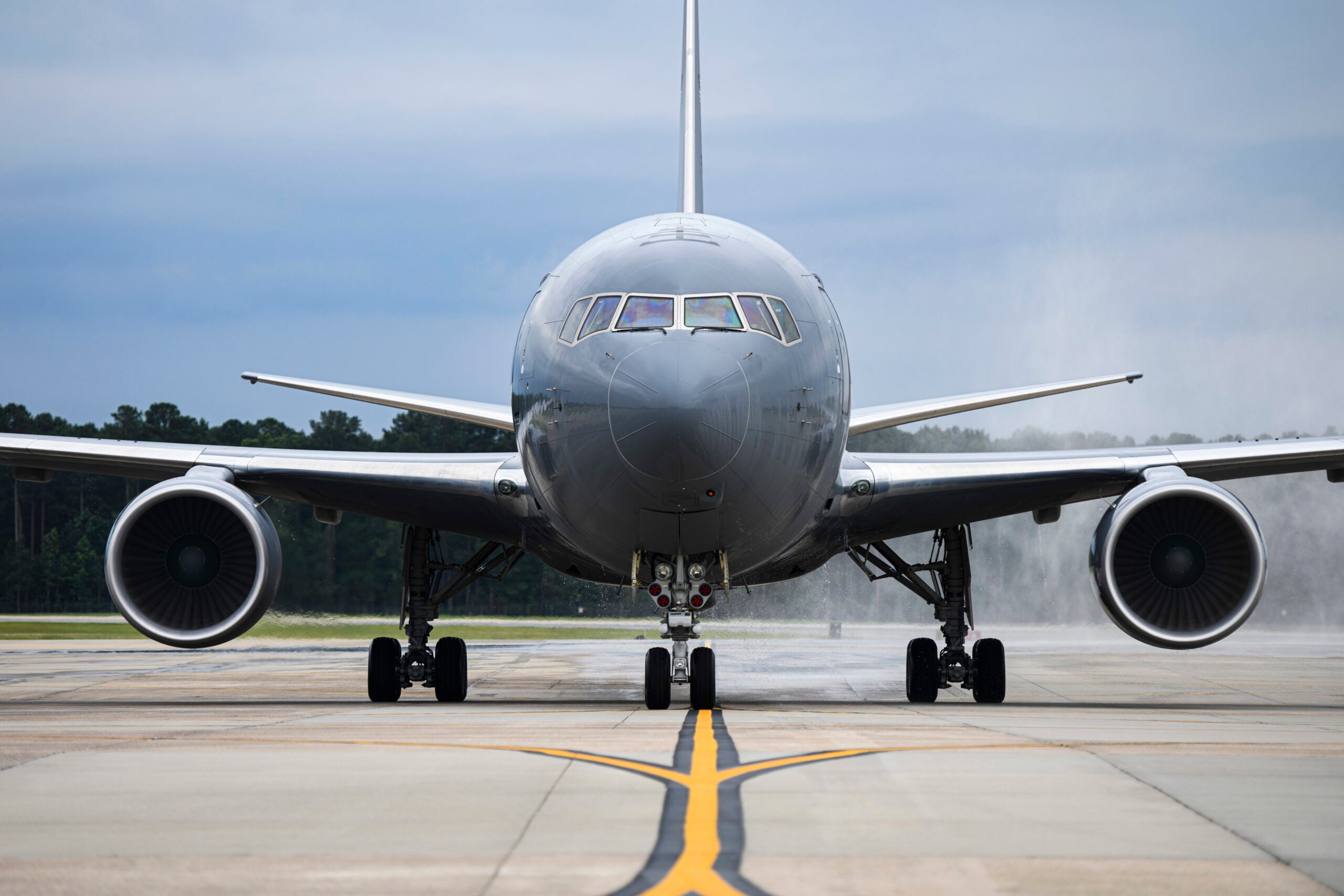 The first KC-46A Pegasus lands at Seymour Johnson Air Force Base, North Carolina, June 12, 2020. The KC-46A Pegasus is a widebody, multirole tanker that can refuel all U.S., allied and coalition military aircraft compatible with international aerial refueling procedures. (U.S. Air Force photo by Senior Airman Jacob B. Derry)