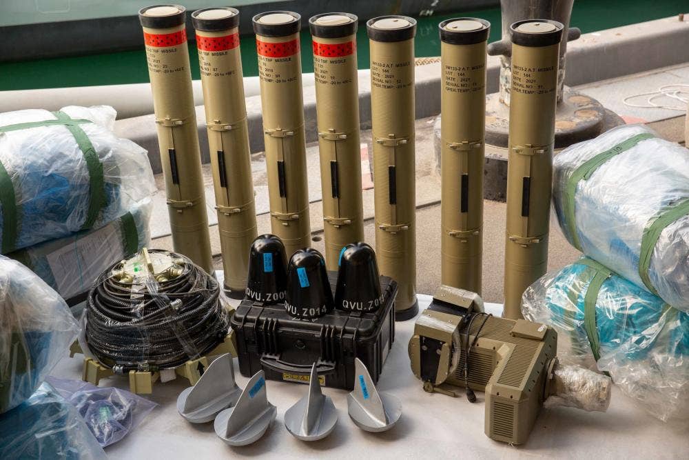 Anti-tank guided missiles and medium-range ballistic missile components seized by the United Kingdom Royal Navy. (U.S. Army photo by Sgt. Brandon Murphy)