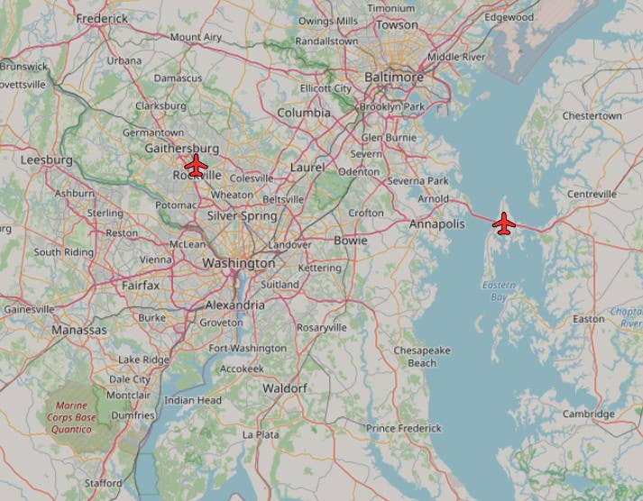 A screen shot from ADS-B Exchange of historical data from February 28, showing one object with the hex code FAA259 near Rockville, to the left, and another with the hex code FAA6F2 near Stevensville, to the right. <em>ADS-B Exchange</em>