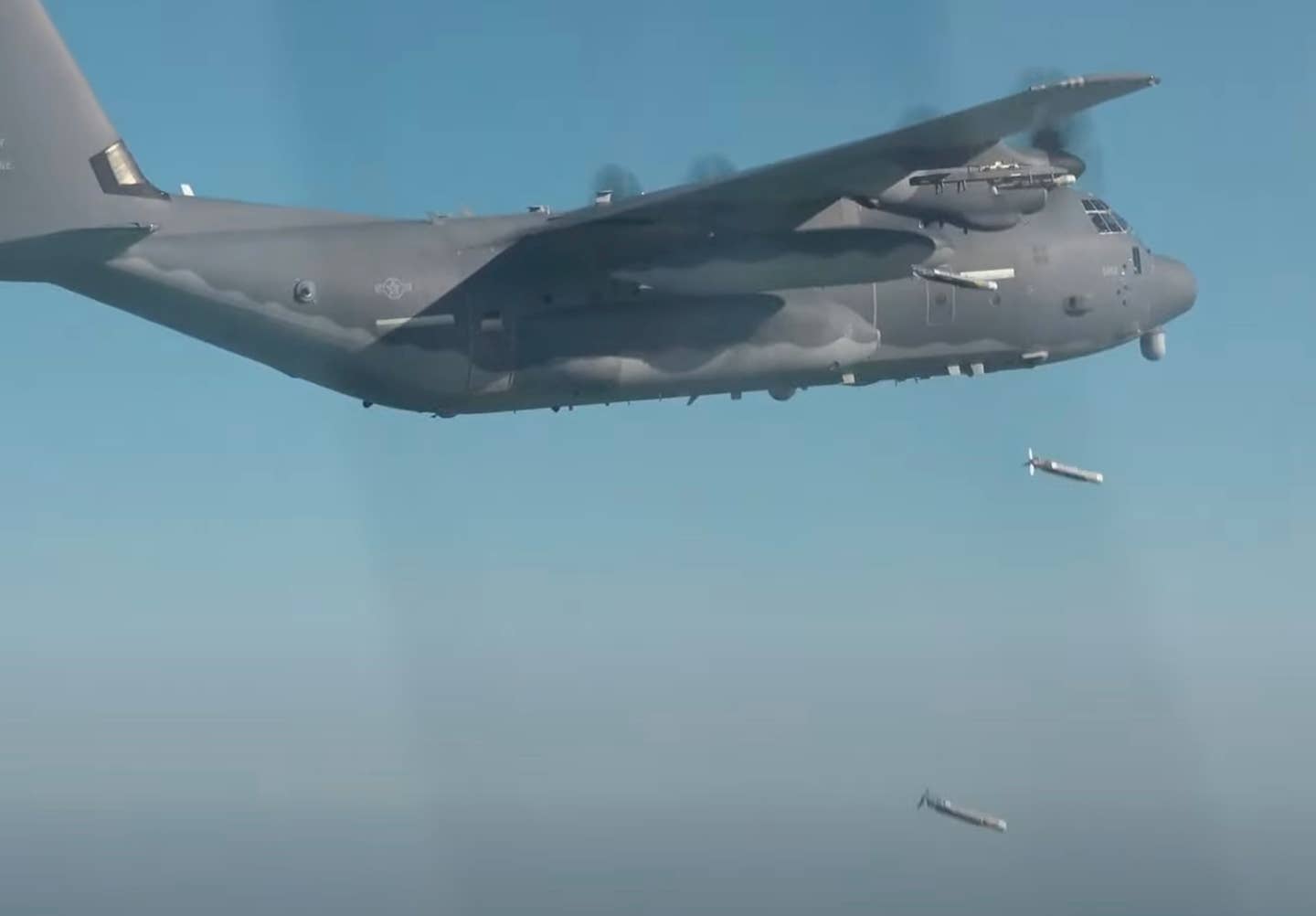 The AC-130J deploys two GBU-39B/B Laser Small Diameter Bombs. <em><em>YouTube screencap</em></em>
