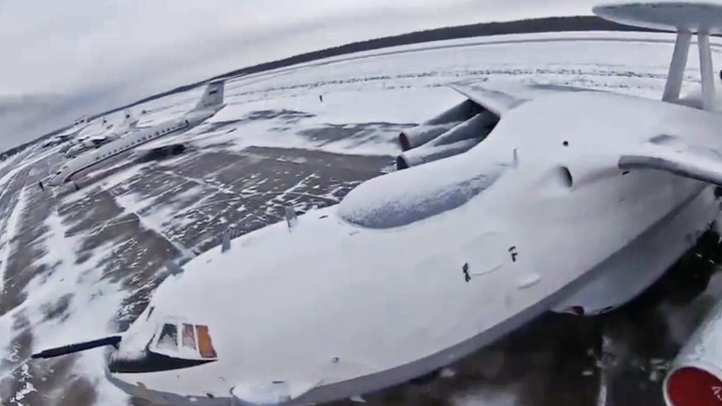 A drone view of the Russian A-50 Mainstay radar plane on the flight line at Machulishchy Air Base, Belarus. <em>BYPOL Video Screencap</em>