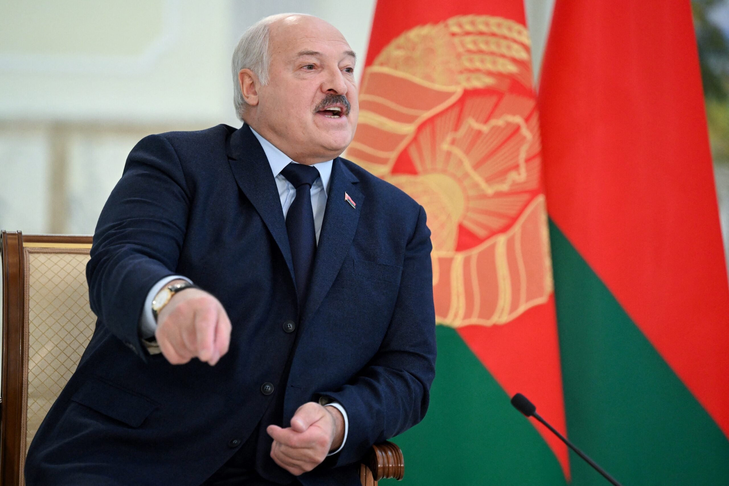 Belarus' President Alexander Lukashenko speaks as he meets with foreign media at his residence, the Independence Palace, in the capital Minsk on February 16, 2023. (Photo by Natalia KOLESNIKOVA / AFP) (Photo by NATALIA KOLESNIKOVA/AFP via Getty Images)