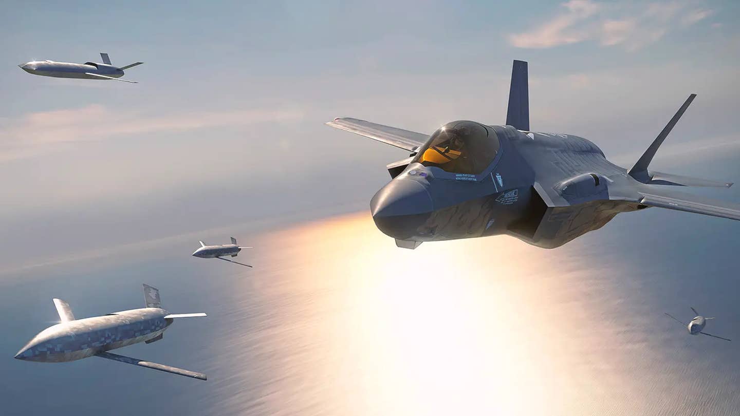 An artist's conception of an F-35 Joint Strike Fighter flying together with different tiers of drones. <em>Lockheed Martin</em>