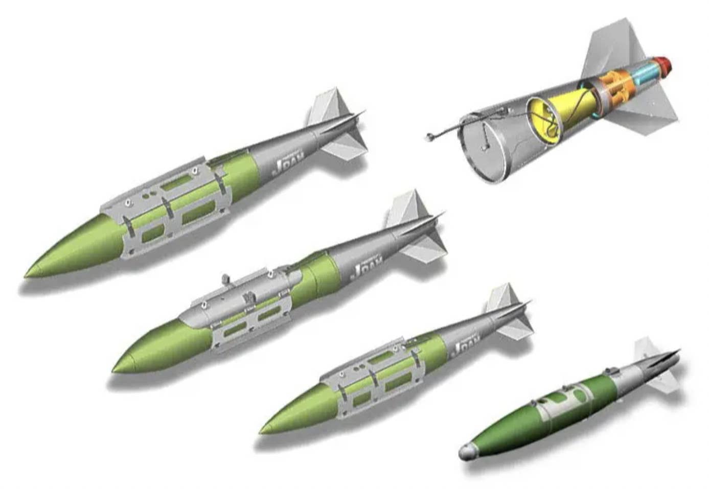 A graphic showing the various tiers of standard JDAM bombs (from left to right, two 2,000-pound-class variants, a 1,000-pound example, and a 500-pound class type), as well as a close-up of one of the tail guidance sections at top right. <em>USAF</em>