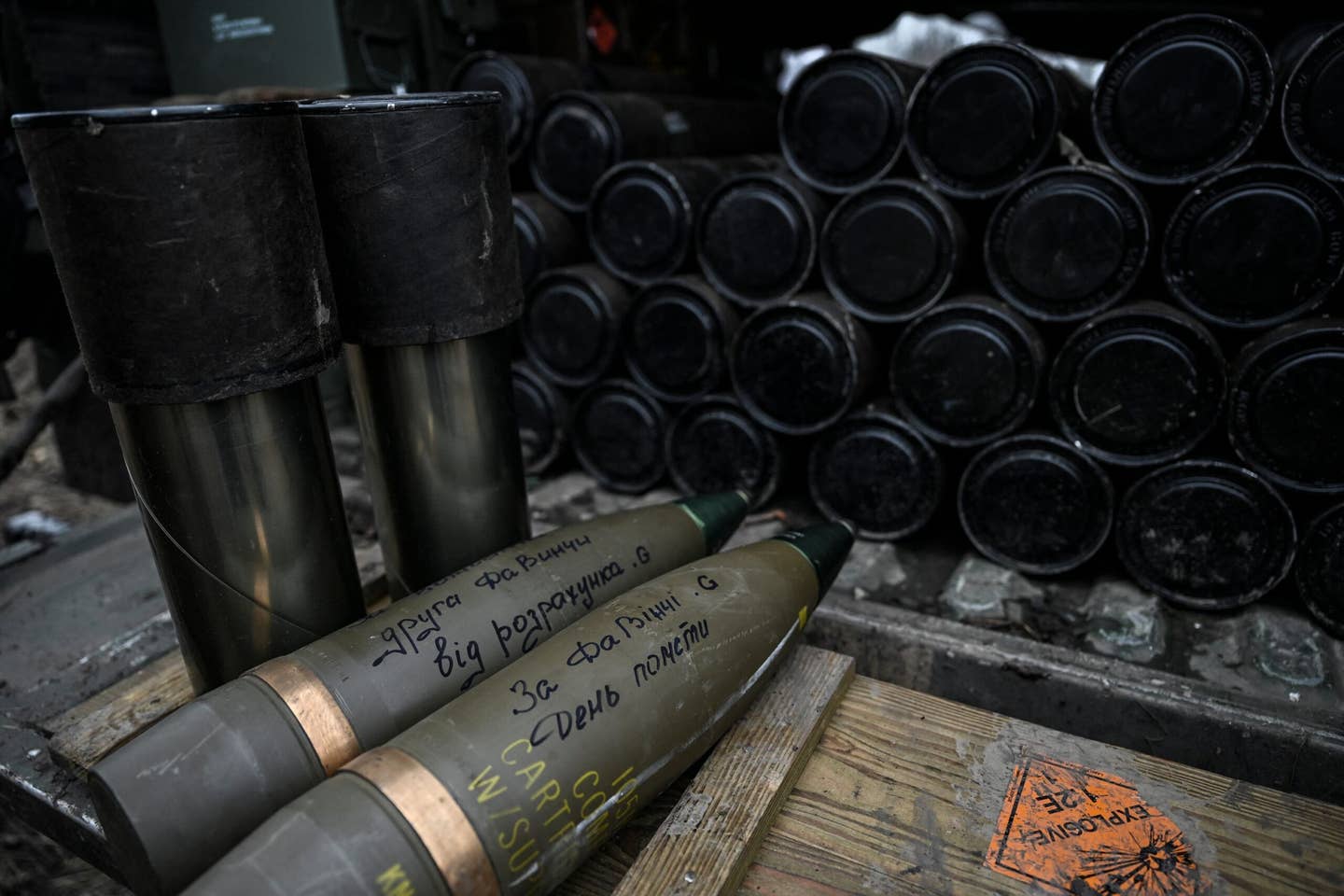 A photograph taken on March 8, 2023, showing Ukrainian 105mm howitzer shells near the city of Bakhmut. <em>Photo by ARIS MESSINIS/AFP via Getty Images</em>