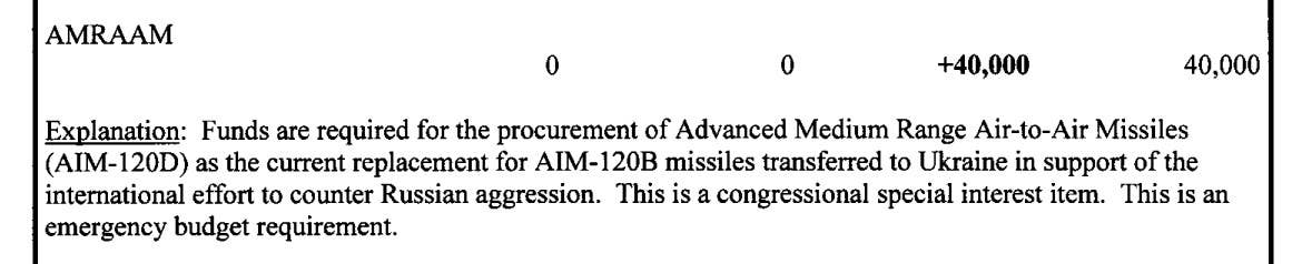 A section from a Pentagon budget document from the January request approval to reallocate money to buy new AIM-120Ds to replace AIM-120Bs supplied to Ukraine. <em>DOD</em>