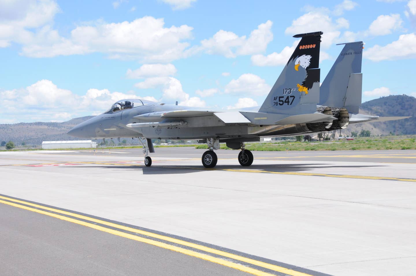 An F-15C, assigned to the 173rd Fighter Wing, Oregon Air National Guard, prepares to depart from Kingsley Field in Klamath Falls, Oregon, for a training mission. <em>U.S. Air National Guard photo by Master Sgt. Jennifer Shirar/Released</em>