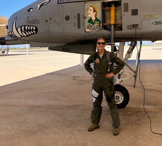 “KC” after her final A-10 flight, at Davis-Monthan Air Force Base, Arizona, in 2019. After landing, she found this “Killer Chick” nose art on the door for the entry ladder. <em>via Kim “KC” Campbell</em>