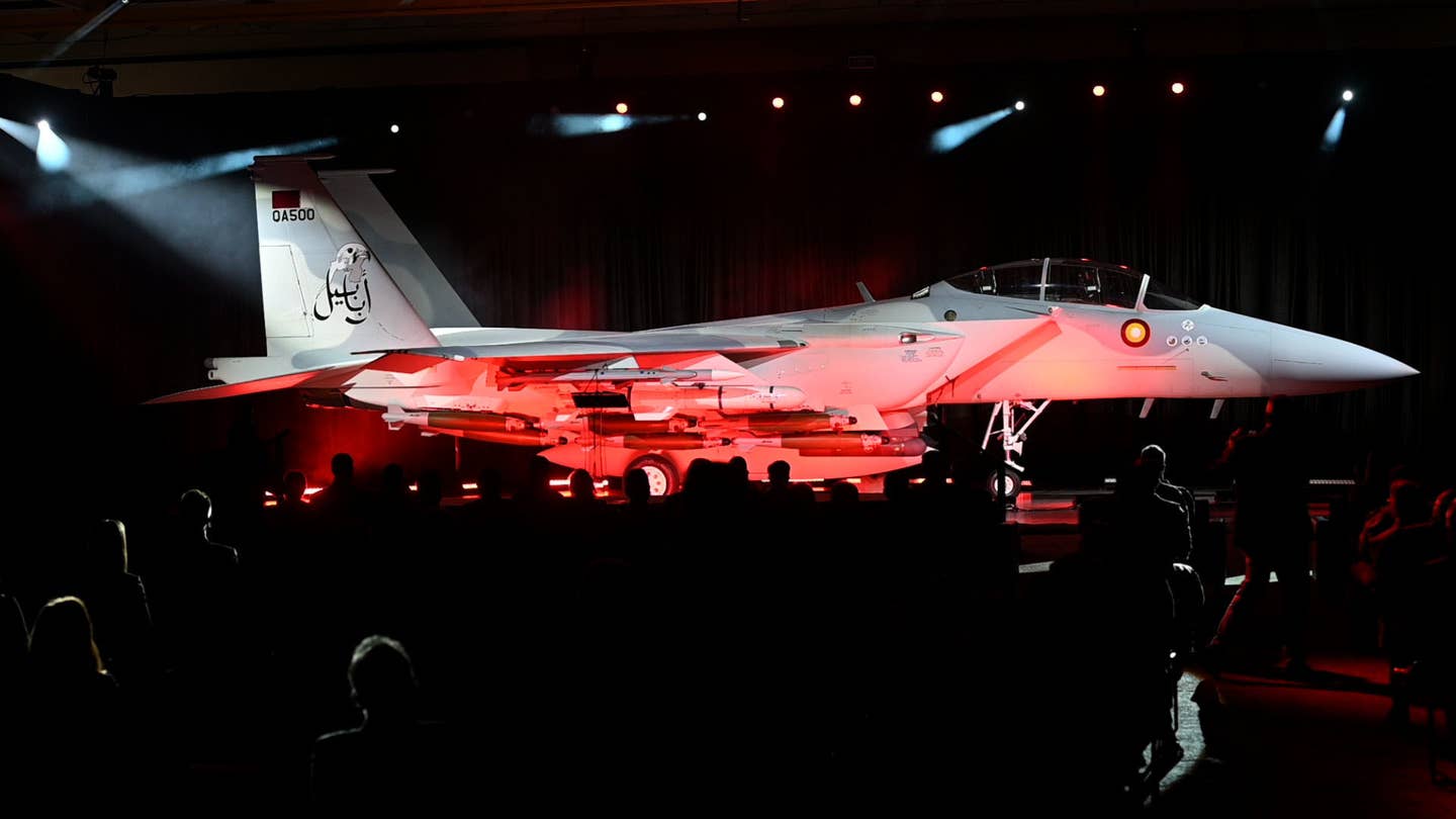 The new F-15QA Ababil fighter for the Qatar Emiri Air Force is unveiled during the roll-out ceremony at the Boeing factory in St. Louis, Missouri, Aug. 25, 2021. (U.S. Air Force photo by Master Sgt. Nancy Falcon)