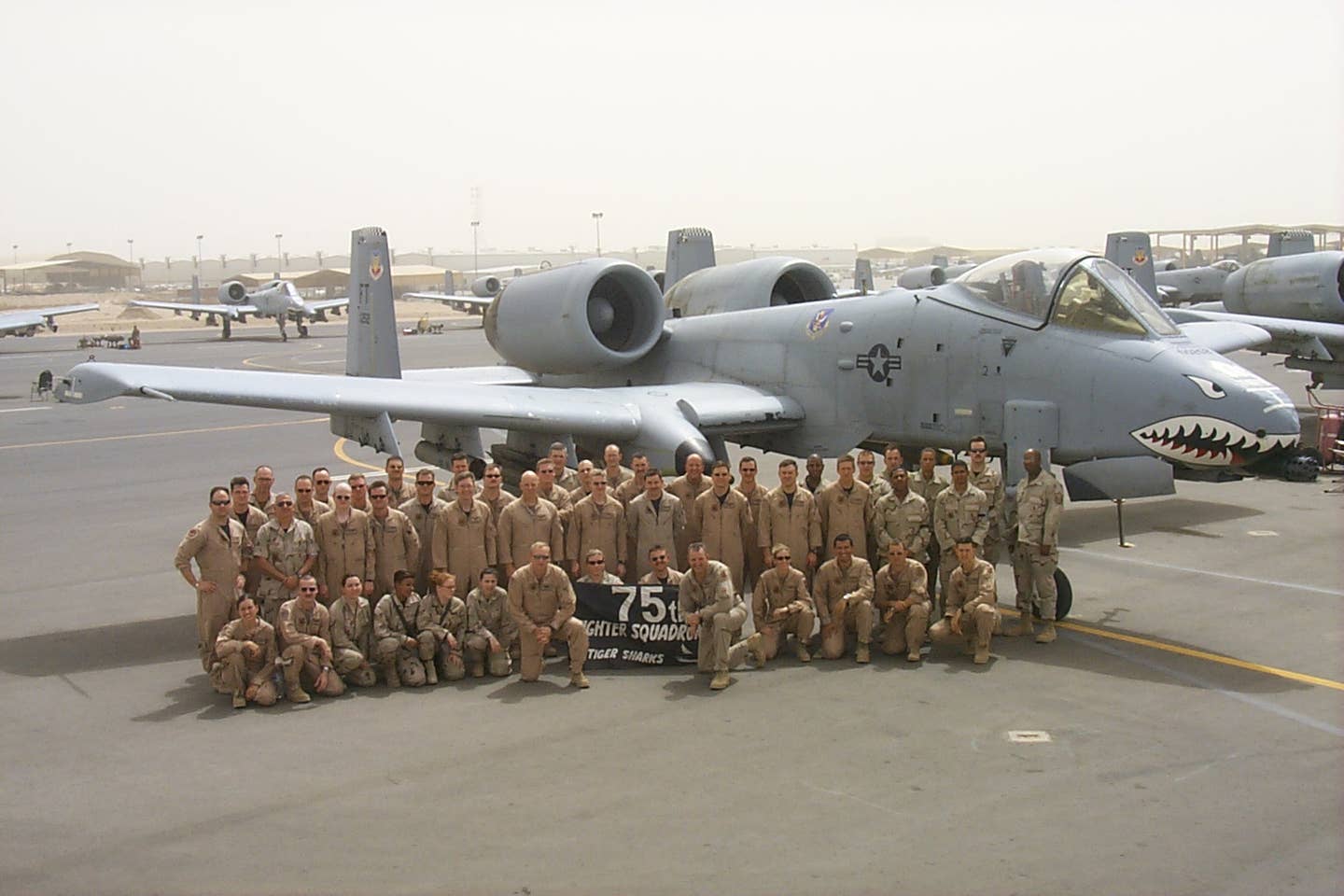 The 75th Expeditionary Fighter Squadron poses for a photo while deployed in the Gulf. <em>via Kim “KC” Campbell</em>
