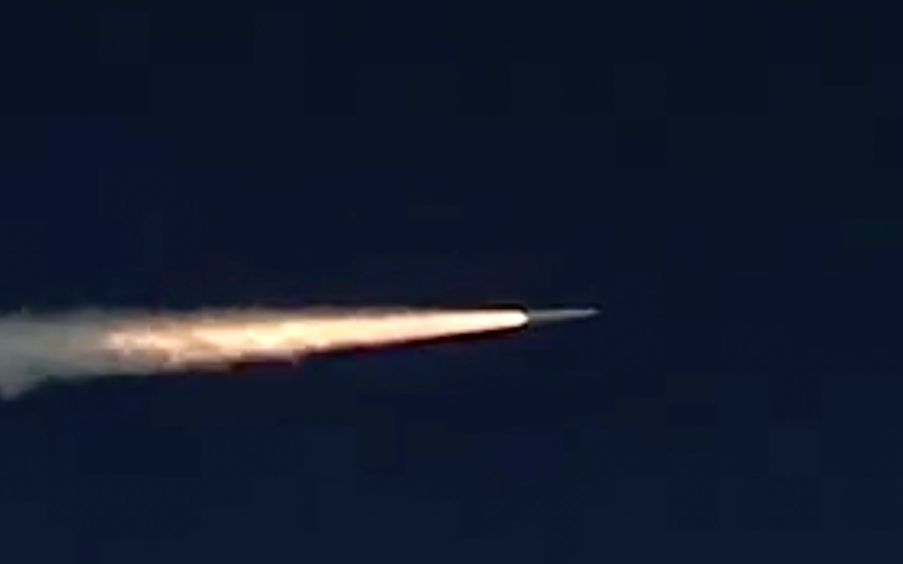 In this photo made from the footage taken from Russian Defense Ministry official web site on Sunday, March 11, 2018, a Russia's Kinzhal hypersonic missile flies during a test in southern Russia.  Russian military says it has run a successful test of the Kinzhal missile, that President Vladimir Putin sited among several other new nuclear weapons that would bolster the nation's military capability. ((AP Photo/ Russian Defense Ministry Press Service, File)