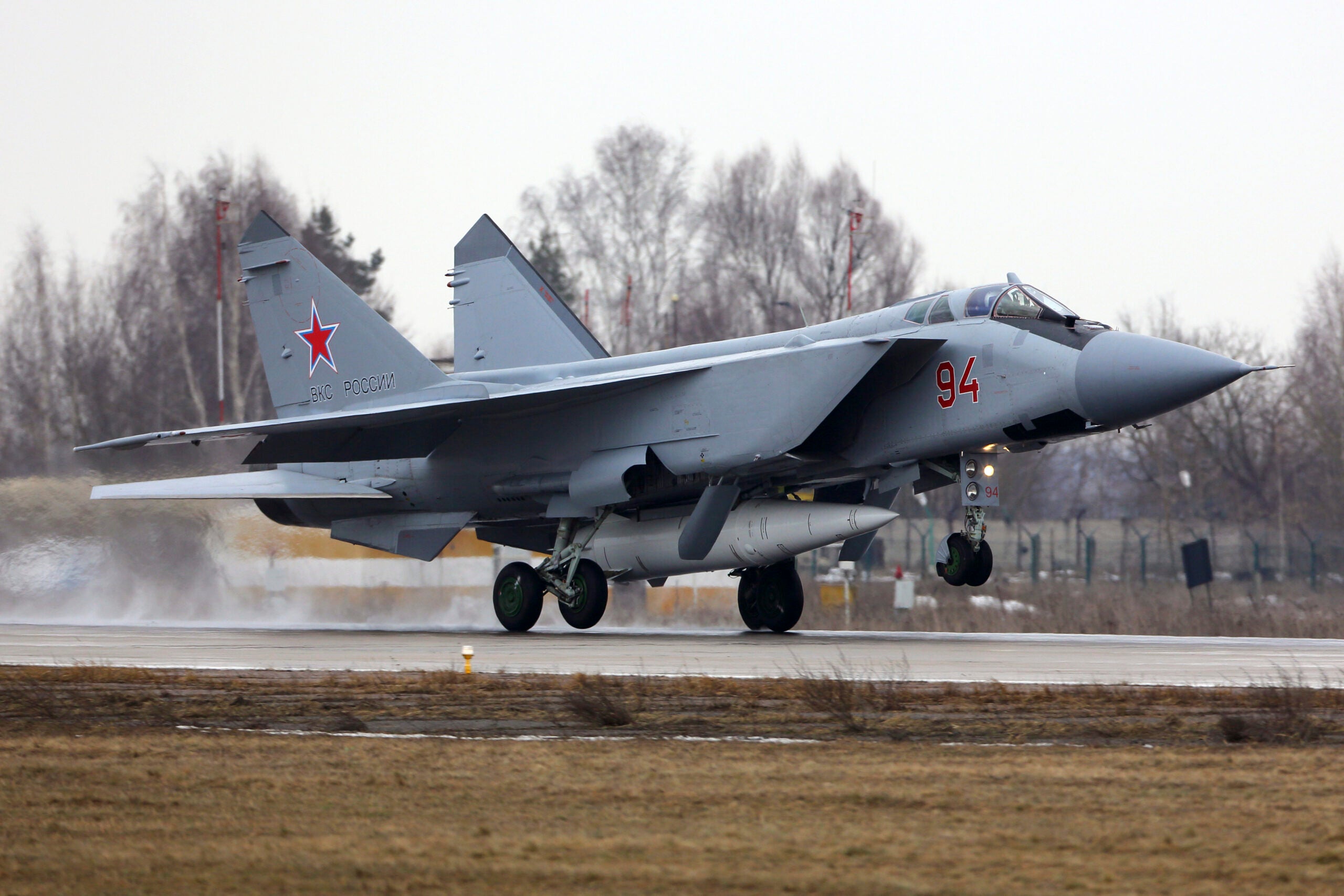 MiG-31K attack aircraft of the Russian Air Force with Kinzhal missile landing, Zhukovsky, Russia.