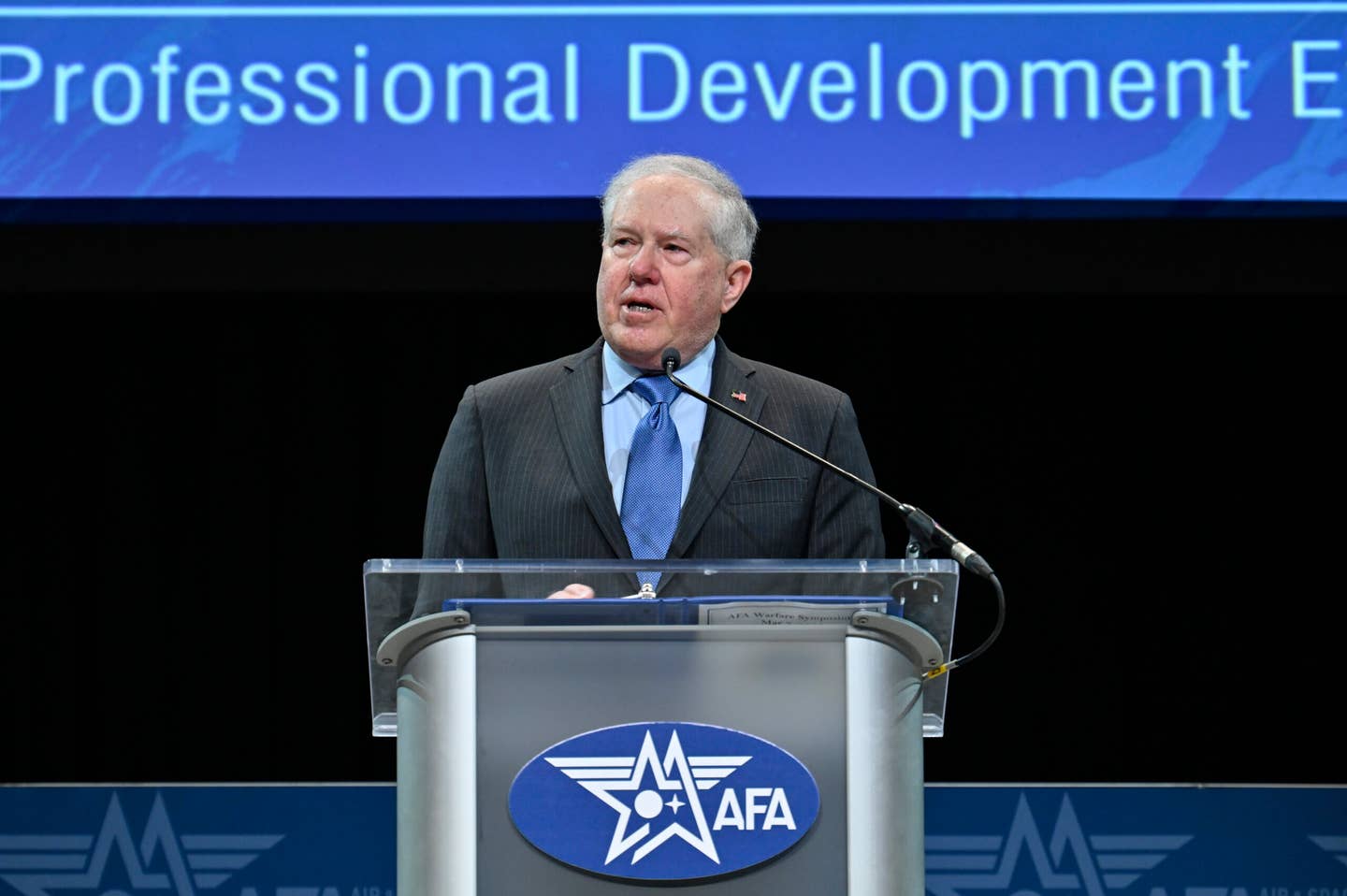 Secretary of the Air Force Frank Kendall delivers a keynote speech at the Air and Space Forces Association's 2023 Warfare Symposium on March 7, 2023. <em>USAF / Eric Dietrich</em>