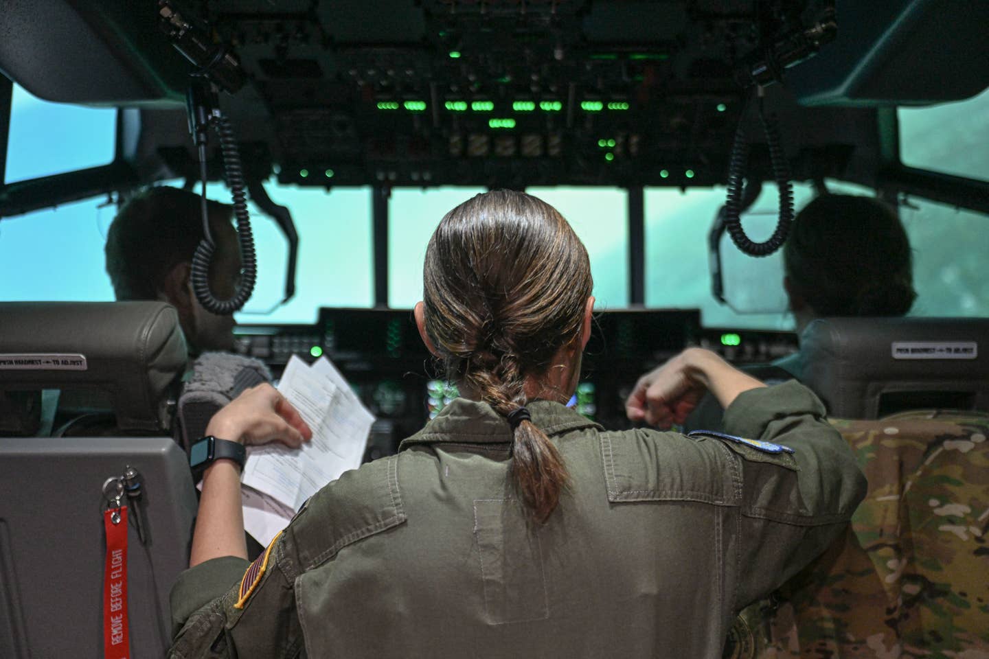 Aircrew from the 61st Airlift Squadron participate in one pilot-one loadmaster simulator training at Little Rock Air Base, Arkansas, Feb. 16, 2023. <em>Credit: U.S. Air Force photo by Airman 1st Class Maria Umanzor Guzman</em>