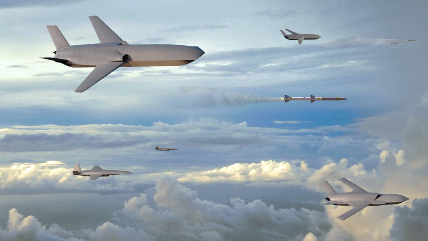 General Atomics artwork depicting various advanced drones in their Gambit family, one of which is seen here launching an air-to-air missile. <em>GA-ASI</em>