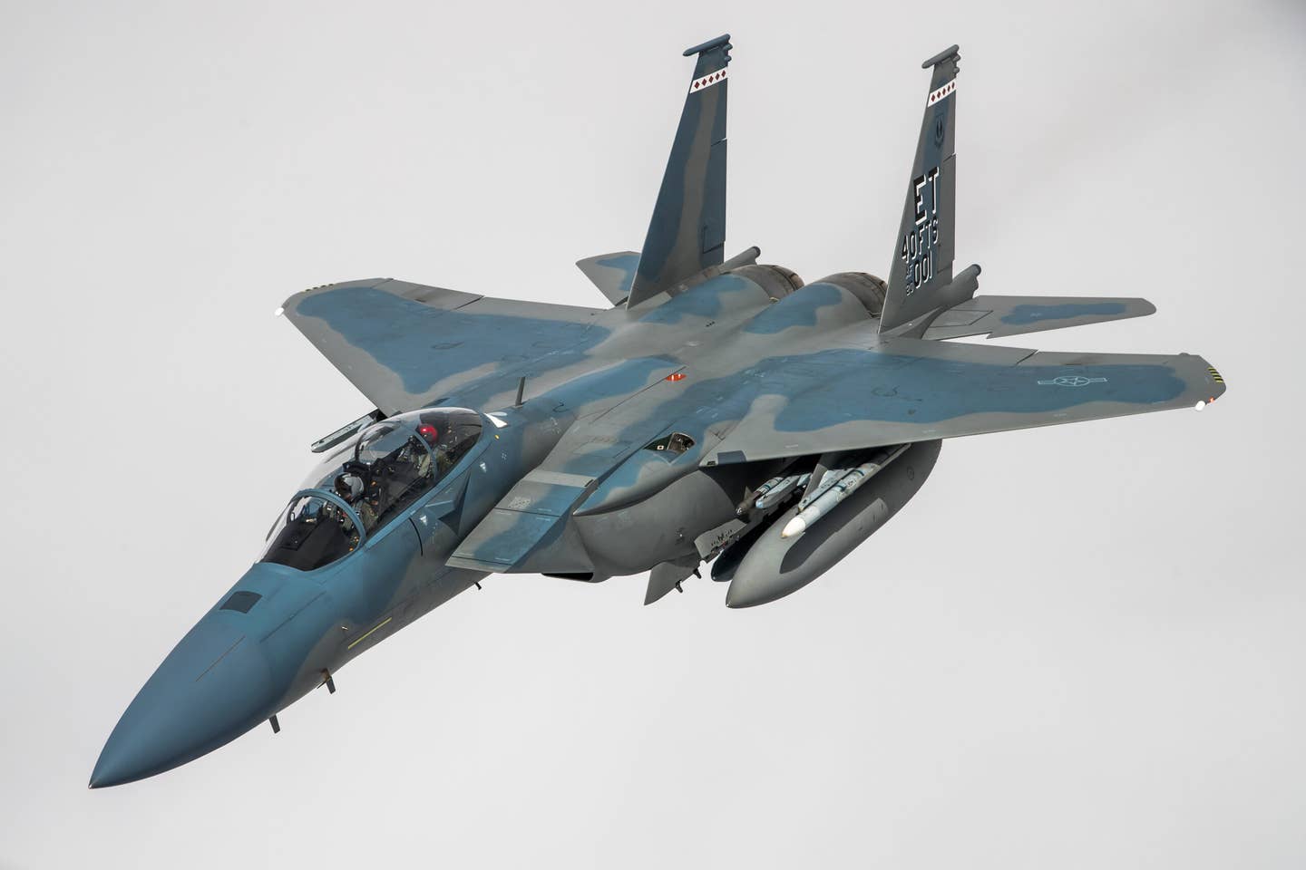 An F-15EX Eagle II from the 40th Flight Test Squadron, 96th Test Wing out of Eglin Air Force Base, Florida, flies in formation during an aerial refueling operation above the skies of Northern California, May 14. The Eagle II participated in the Northern Edge 21 exercise in Alaska earlier in May. <em>Air Force photo by Ethan Wagner</em>