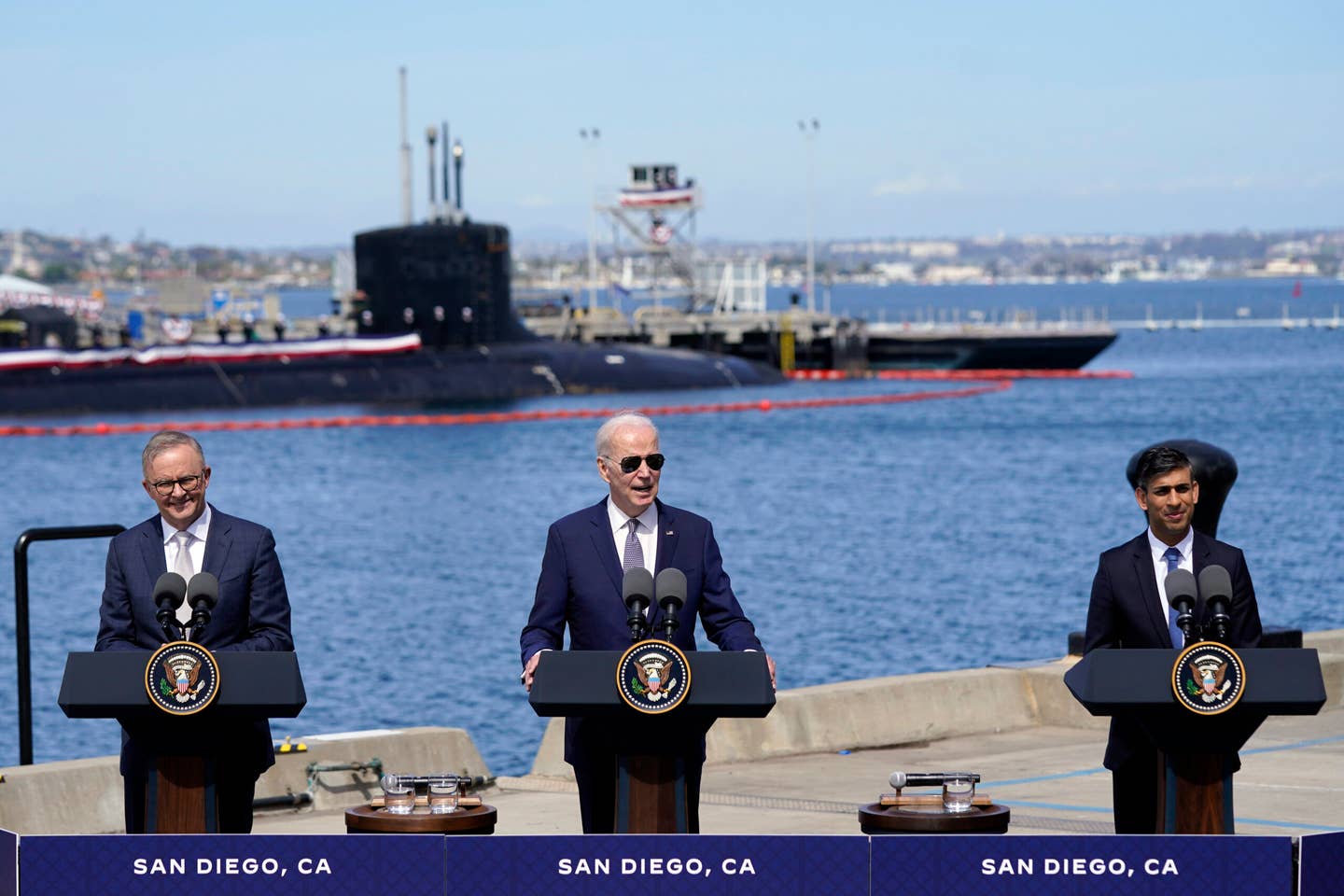 President Joe Biden speaks after meeting with British Prime Minister Rishi Sunak, right, and Australian Prime Minister Anthony Albanese at Naval Base Point Loma, Monday, March 13, 2023, in San Diego. (AP Photo/Evan Vucci)