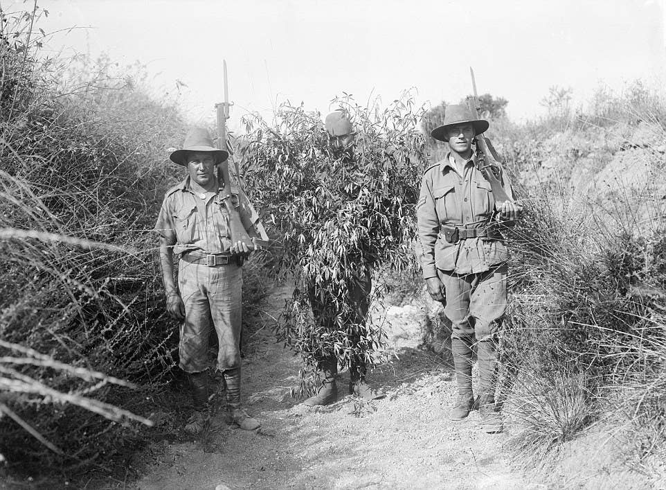 A Turkish sniper captured during the Gallipoli campaign, in 1915, wearing an extemporized camouflage suit. <em>National Archives of the United Kingdom/Wikimedia Commons</em>
