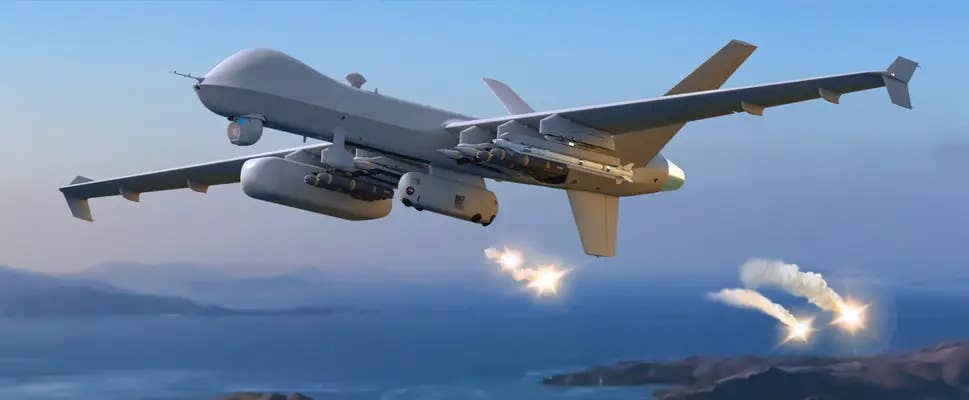 An artist's conception of an MQ-9 Reaper equipped with the self-defense pod and armed with an AIM-9X Sidewinder missile, as well as other weapons and stores. <em>GA-ASI</em>