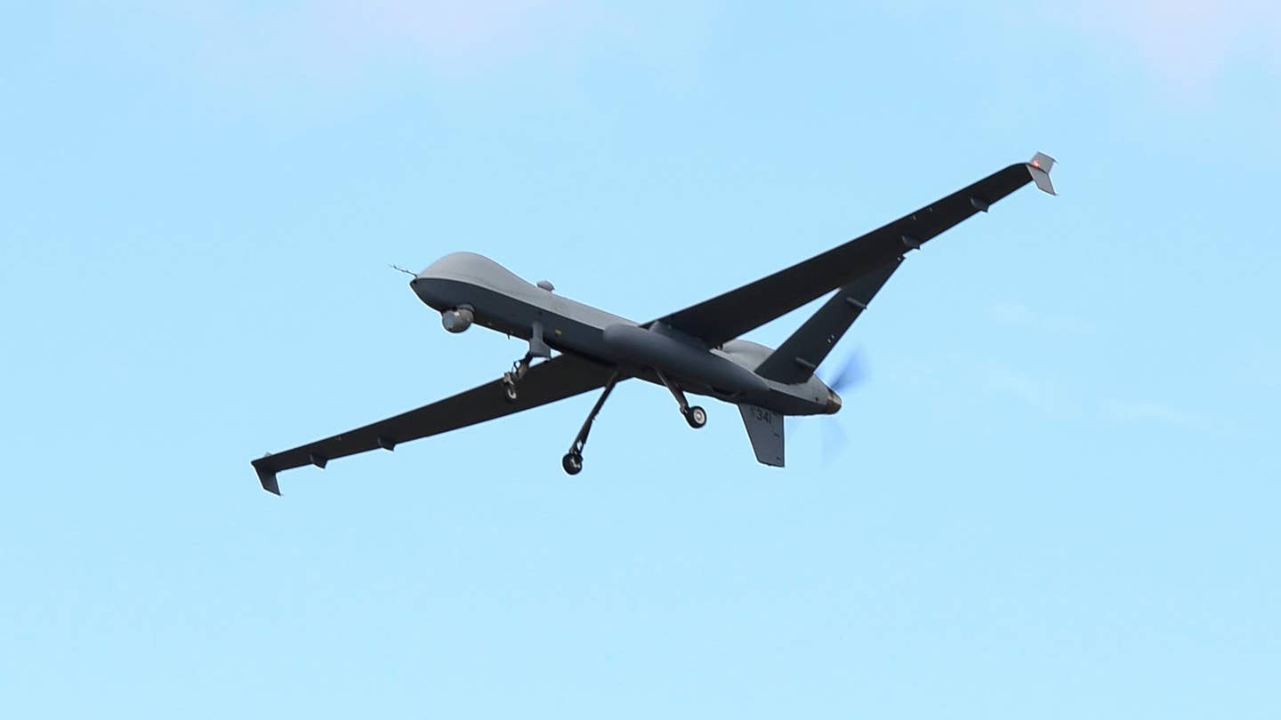 A U.S. Air Force MQ-9 operating over the Black Sea nation of Romania during an exercise in 2021. It's unclear where the Reaper involved in today's collision was flying from. <em>USAF</em>