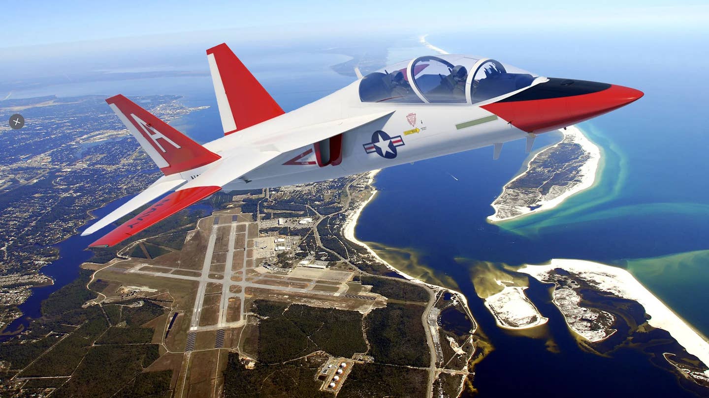 A rendering of a notional variant of Boeing's T-7A Redhawk jet trainer to meet the Navy's requirements for a T-45 replacement. <em>Boeing</em>