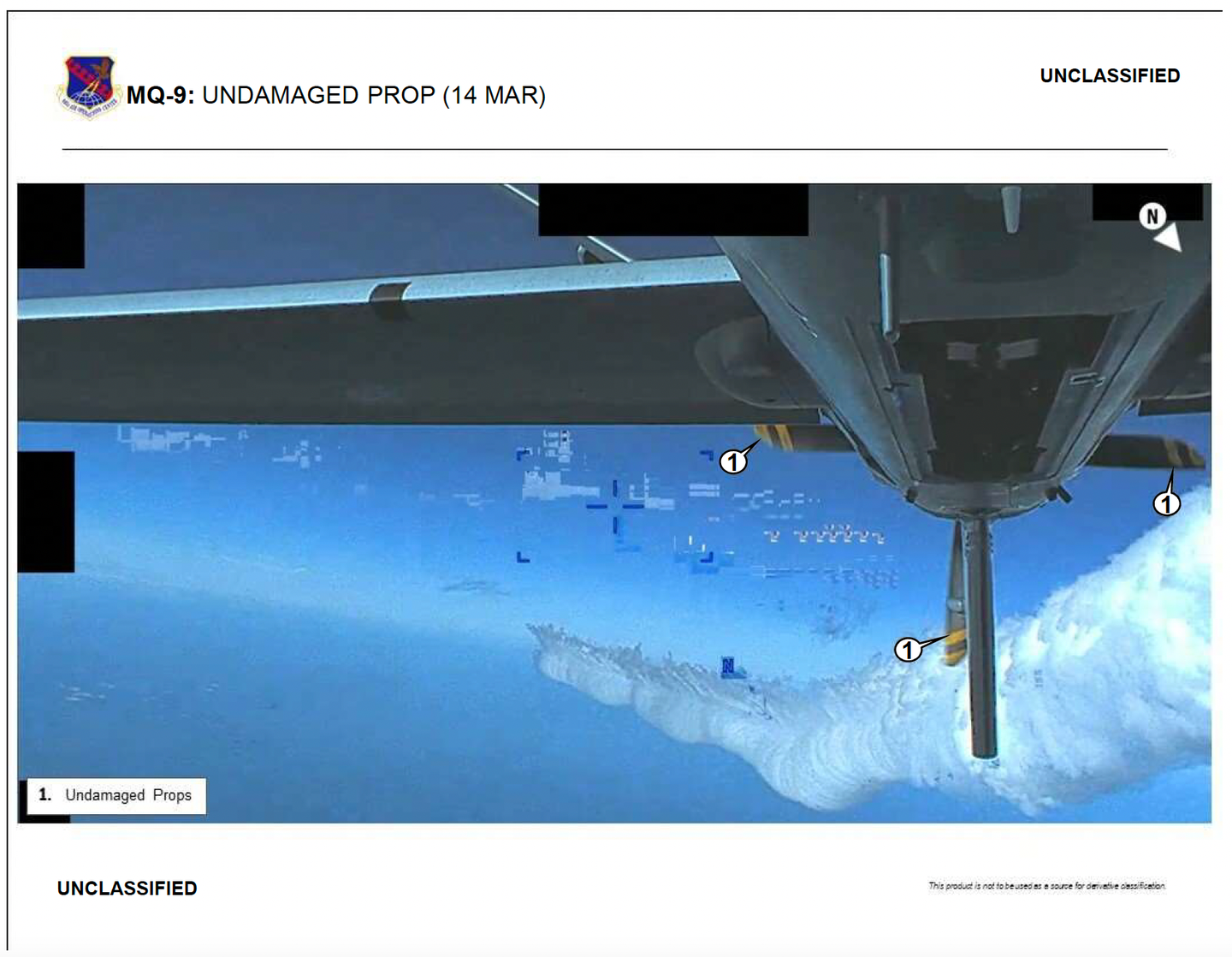 A view of the undamaged propeller, provided for comparison. <em>U.S. Department of Defense </em>