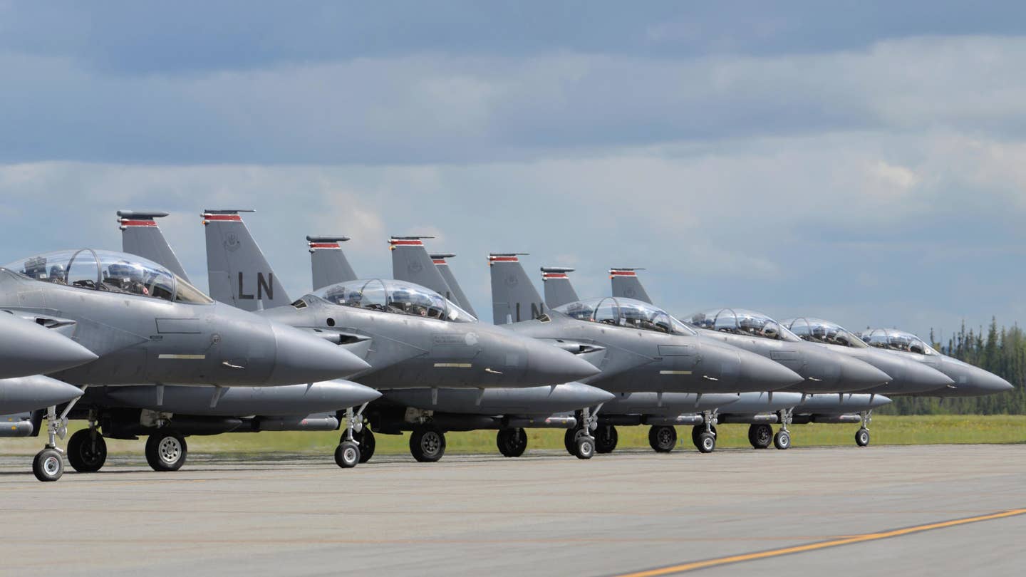 A row of U.S. Air Force F-15E Strike Eagles. <em>USAF</em>