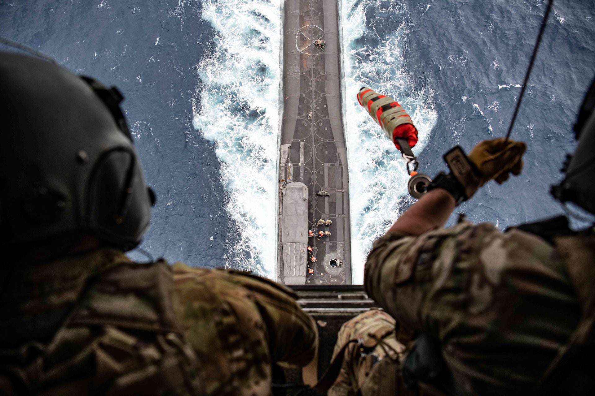 MEDITERRANEAN SEA (Feb. 26, 2023) East-Coast-based U.S. Naval Special Warfare Operators (SEALs) participate in a special operations forces interoperability exercise aboard Ohio-class guided-missile submarine USS Florida (SSGN 728) and a CV-22 Osprey, assigned to 7th Special Operations Squadron, 352nd Special Operations Wing, Feb. 26, 2023. These  operations demonstrate U.S. European Command’s ability to rapidly deploy Special Operations Forces throughout the theater at a time and place of our choosing, and the U.S. commitment to train with Allies and partners to deploy and fight as multinational forces and SOF to meet today’s challenges. (U.S. Air Force photo by Tech Sgt. Westin Warburton)