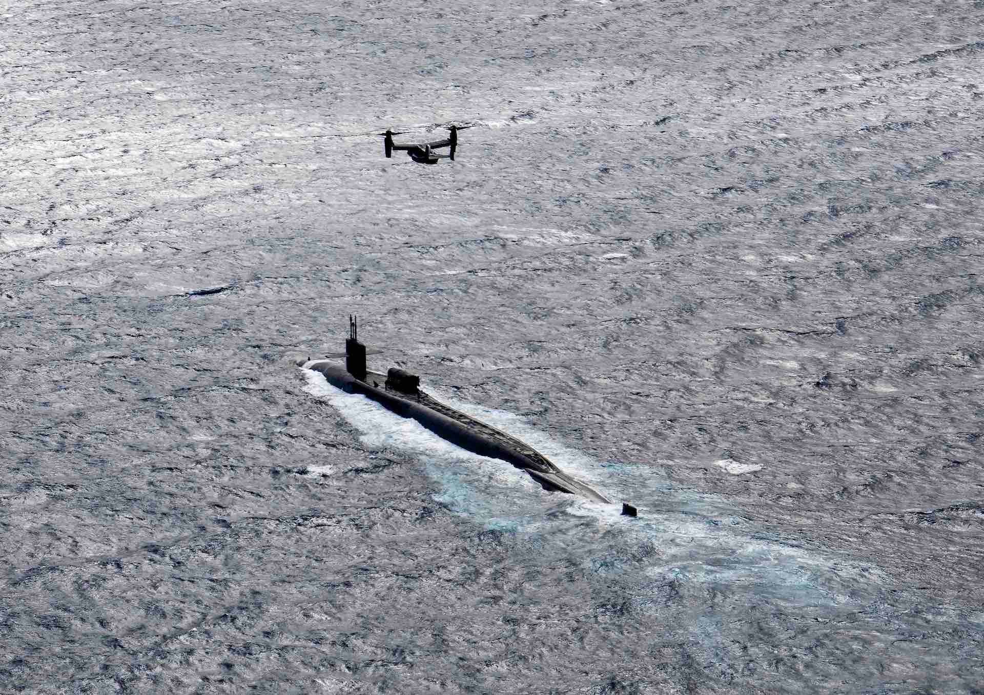 MEDITERRANEAN SEA (Feb. 26, 2023) Ohio-class guided-missile submarine USS Florida (SSGN 728) and a CV-22 Osprey, assigned to 7th Special Operations Squadron, 352nd Special Operations Wing, participate in a special operations forces interoperability exercise, Feb. 26, 2023. These  operations demonstrate U.S. European Command’s ability to rapidly deploy Special Operations Forces throughout the theater at a time and place of our choosing, and the U.S. commitment to train with Allies and partners to deploy and fight as multinational forces and SOF to meet today’s challenges. (U.S. Air Force photo by Tech Sgt. Westin Warburton)