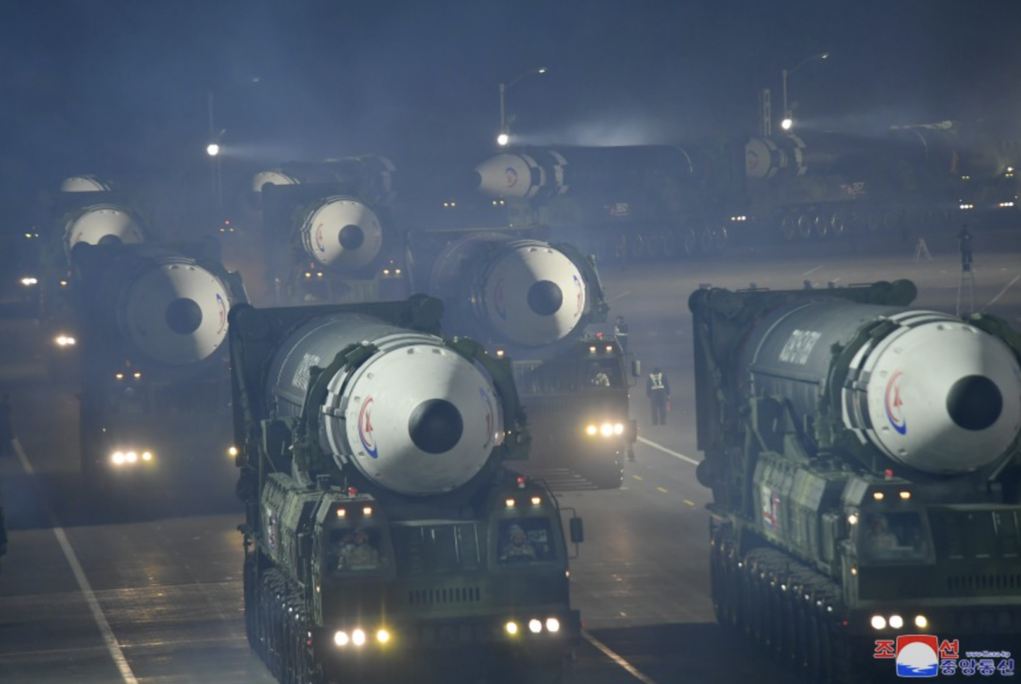 Multiple examples of the Hwasong-17 ICBM roll through Pyongyang during a parade last month. At least 10 are visible here.&nbsp;<em>KCNA</em><br>