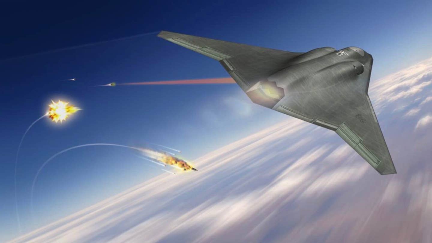 An artist's conception of a future stealth aircraft engaging incoming threats with a laser-directed energy weapon. These are among the technologies being developed under the NGAD umbrella. <em>Northrop Grumman</em>