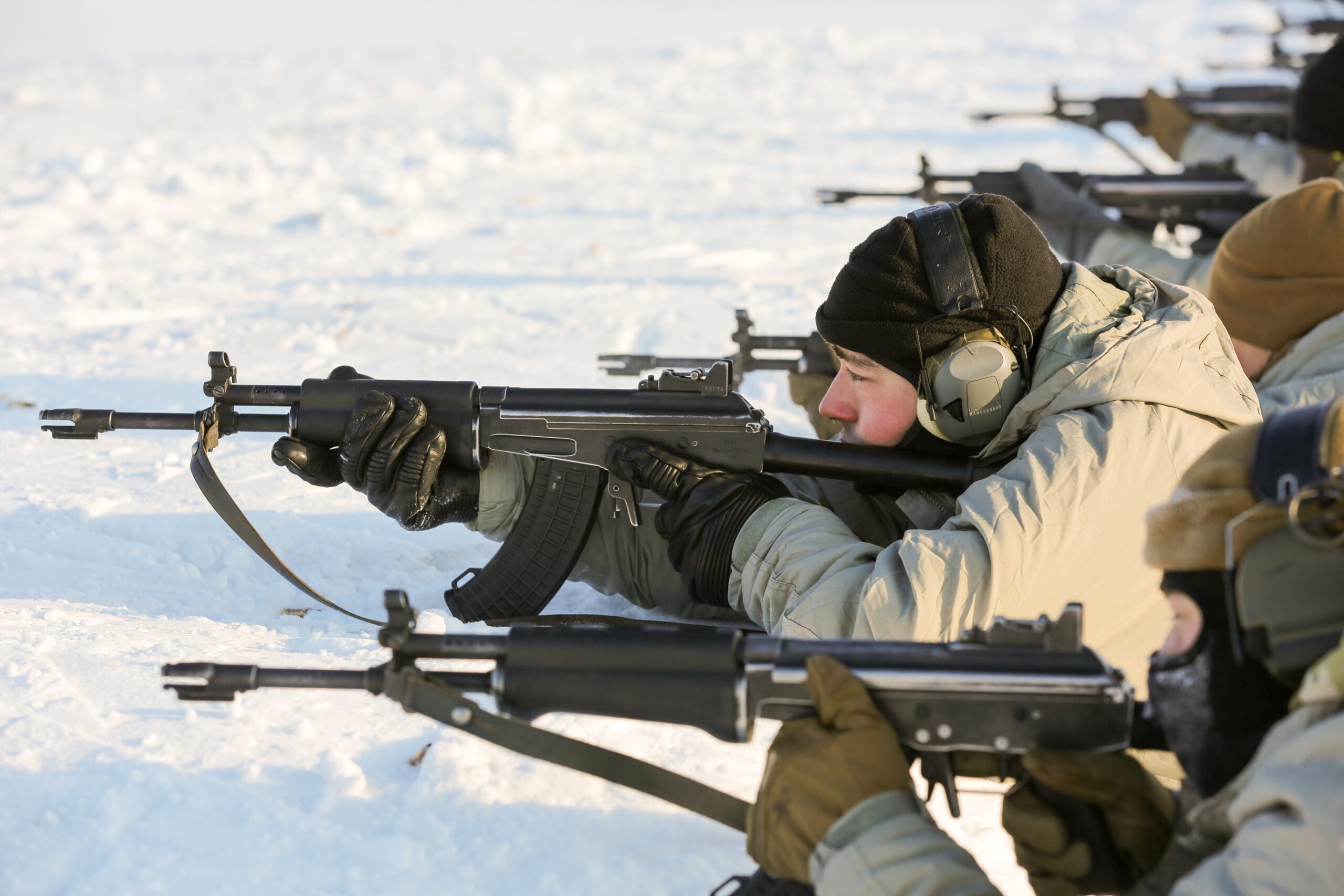 Soldiers from Charlie Troop, 3-71 Cavalry Regiment, 1st Brigade Combat Team, 10th Mountain Division, participate in a weapons familiarization training event using Finland’s 7.62mm RK62 assault rifle during Exercise Arctic Forge in Sodankyla Garrison, Finland on Feb. 22, 2023. Exercise Arctic Forge 23 is a U.S. Army Europe and Africa led umbrella exercise that leverages the host-nation exercises Defense Exercise North in Finland, and exercise Joint Viking in Norway, taking place Feb. 16 through March 17, 2023, focused on building capabilities and cooperation in support of the U.S. Army's Arctic Strategy. (U.S. Army photo by Sgt. 1st Class Matthew Keeler)