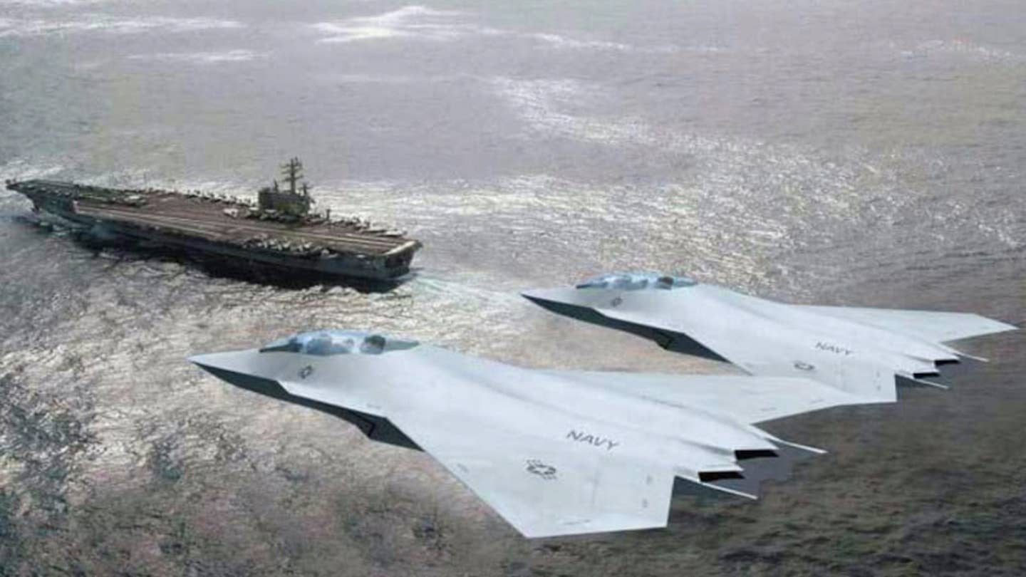 A rendering of a pair of notional future Navy sixth-generation crewed stealth combat jets flying above a carrier. <em>Boeing</em>