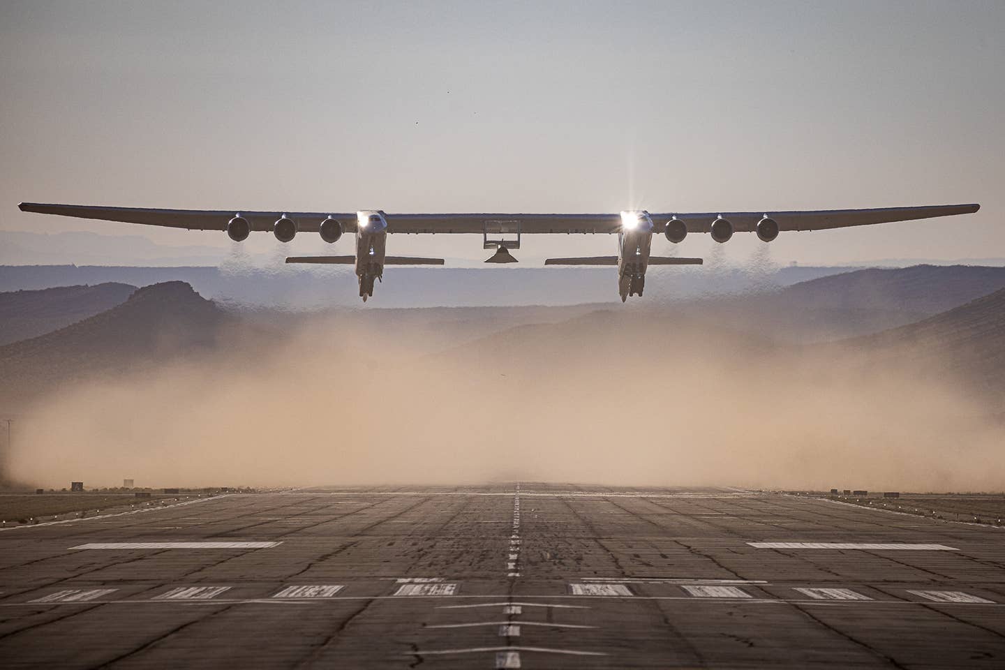 Stratolaunch's Roc aircraft taking off with Talon-A attached. <em>Credit: Stratolaunch</em>