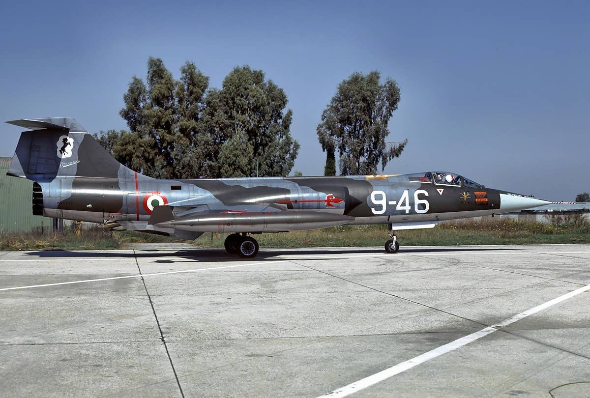 An Italian Air Force F-104S ASA-M Starfighter rolls out at Grazzanise Air Base in 1983. <em>Aldo Bidini/Wikimedia Commons</em>