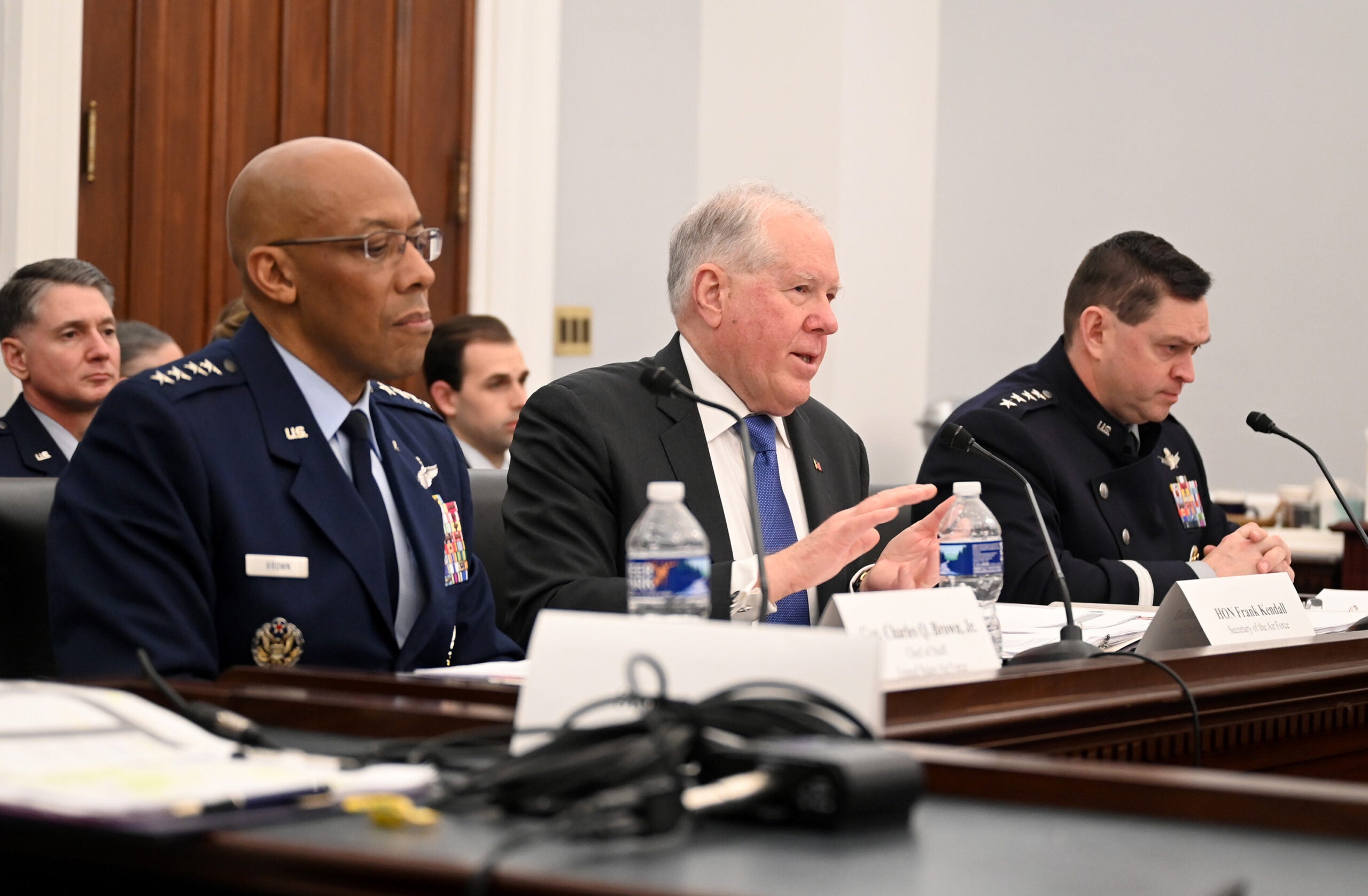 Secretary of the Air Force Frank Kendall (center) delivers testimony during a House Appropriations Committee hearing in the Capitol Building, Washington, D.C., March 28, 2023. (U.S. Air Force photo by Andy Morataya)