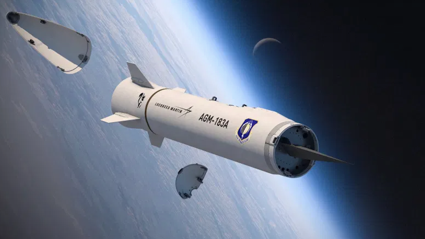 An artist’s conception of the AGM-183A ARRW showing the nose cone breaking away, revealing the hypersonic boost-glide vehicle inside.&nbsp;<em>Lockheed Martin</em>