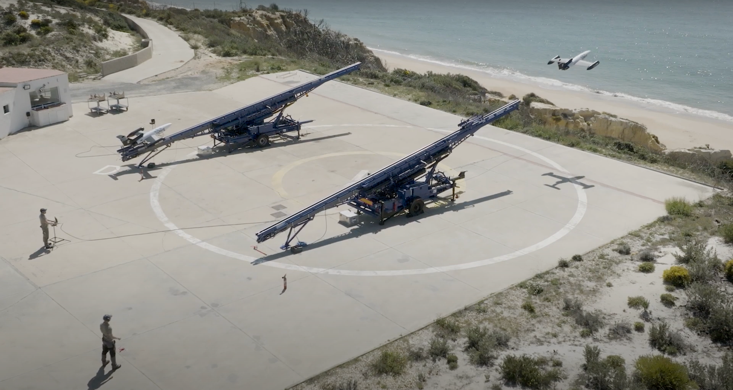A screenshot from the Airbus video showing the catapult launchers deploying the DT-25 drones. <em>Credit: YouTube screengrab</em>
