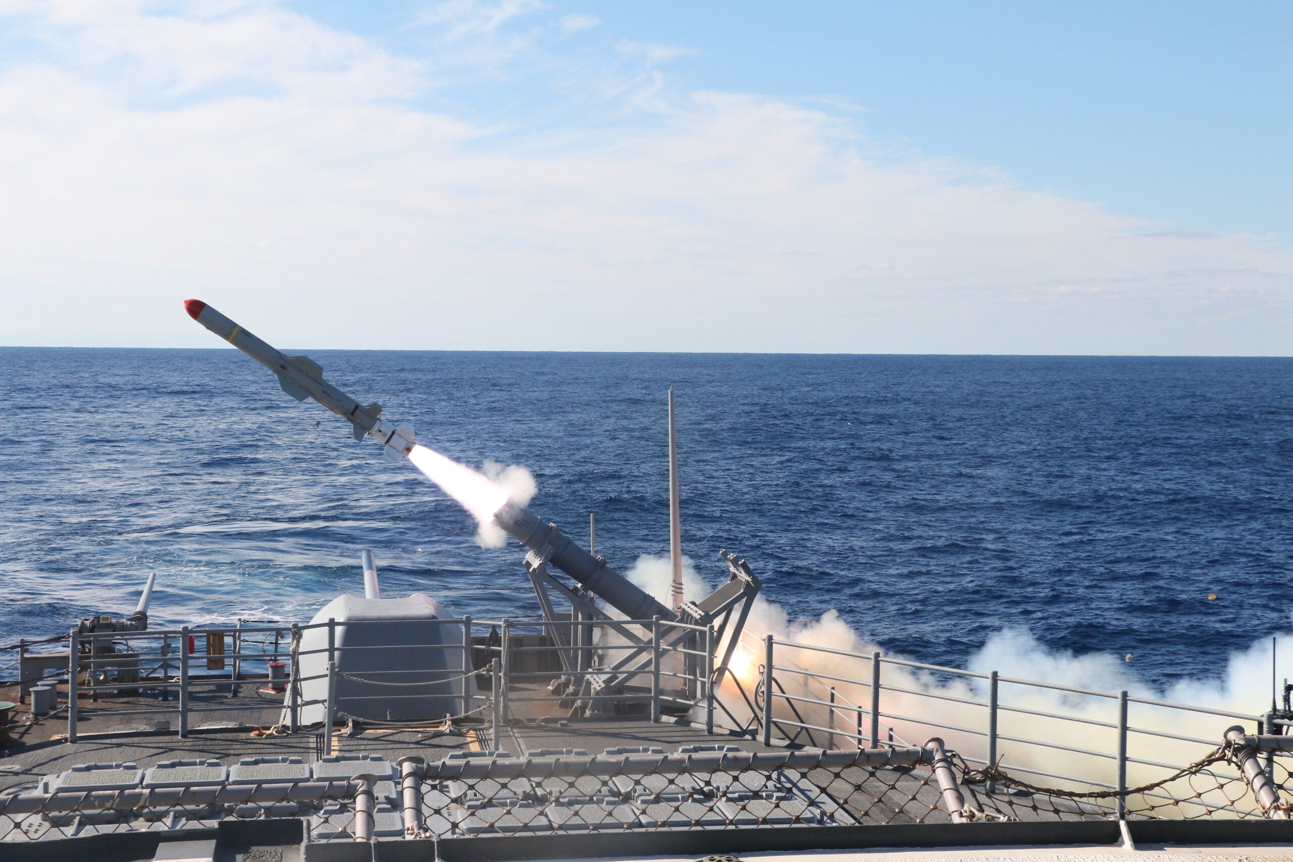 The Ticonderoga-class guided-missile Cruiser USS Monterey (CG 61) launches a harpoon surface-to-surface missile during part of a Live Fire With a Purpose exercise. (U.S. Navy photo by Fire Controlman (Aegis) Third Class Raymond Castillo / Released)