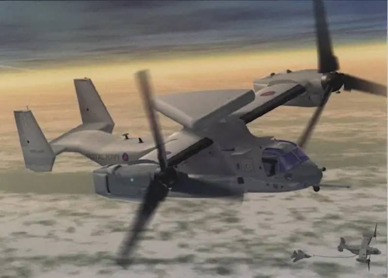 An artist's rendering of an airborne early warning and control variant of the Osprey with a radar inside a prominent triangular radome on top that proposed to the Royal Navy in the United Kingdom. <em>Royal Navy</em>