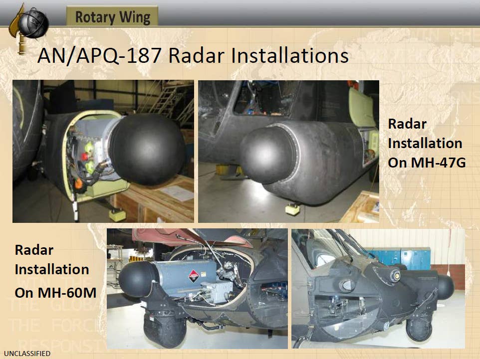 A briefing slide showing the <a href="https://www.twz.com/28048/mc-130j-special-ops-transports-are-finally-getting-this-terrain-following-radar-they-badly-need" target="_blank" rel="noreferrer noopener">AN/APQ-187 Silent Knight</a> radar installed on an MH-60M and an MH-47G. Note that the Black Hawk seen here does not have the newer nose shape. <em>SOCOM</em>