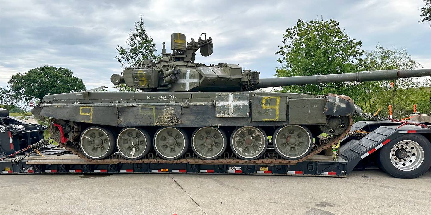 A Russian T-90A tank was left at a Lousiana truck stop after a truck hauling it broke down.