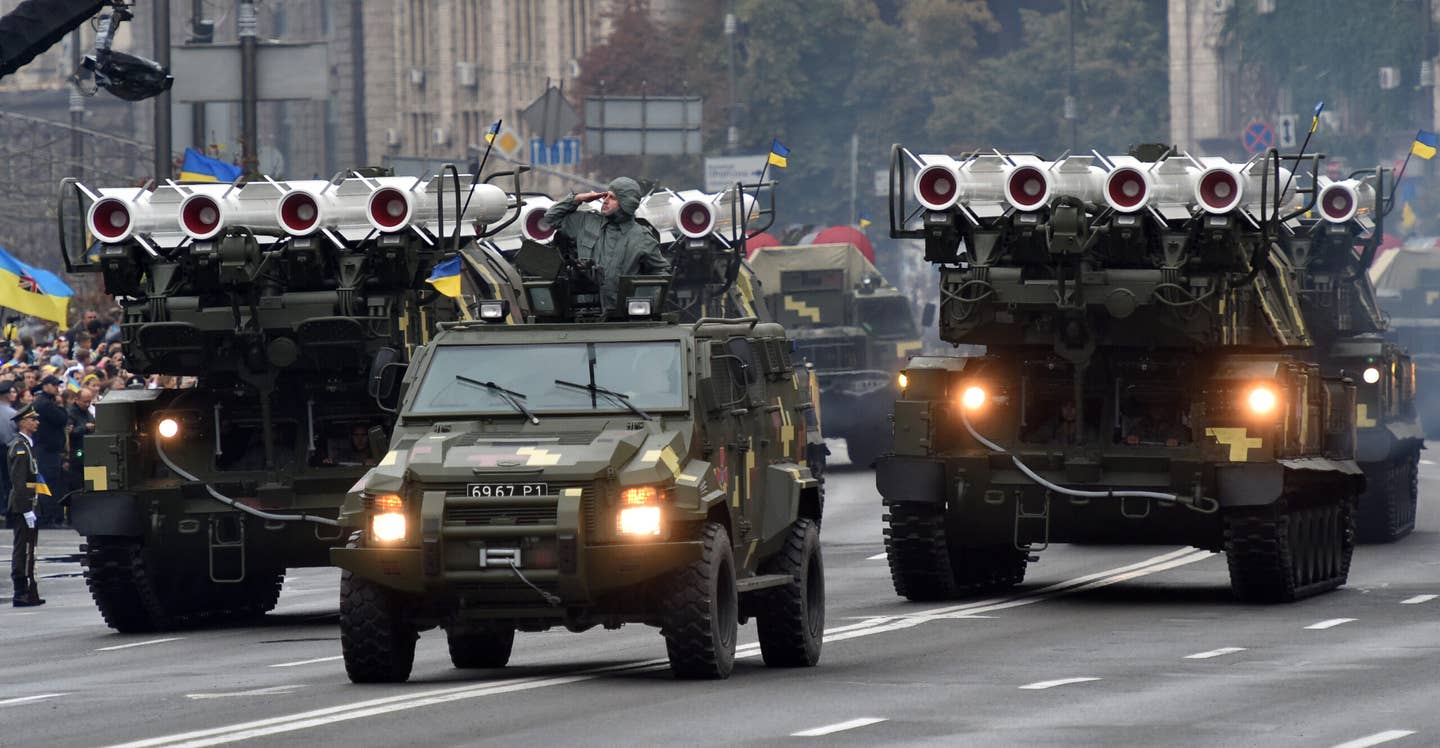 Ukrainian Buk-M1 surface-to-air missile systems roll through Kyiv during a military parade back in 2016 to celebrate Ukrainian Independence Day. <em>GENYA SAVILOV/AFP via Getty Images</em>