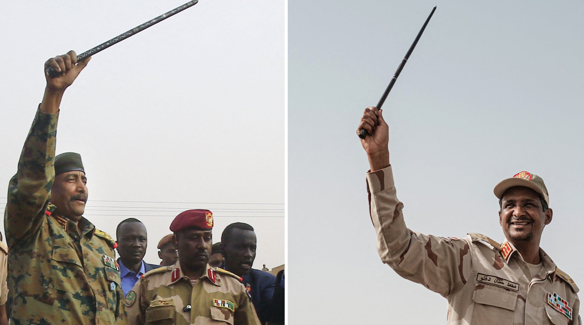 This file picture composite shows General Abdel Fattah al-Burhan (L), the head of Sudan's ruling military council, greeting his supporters in Khartoum's twin city of Omdurman on June 29, 2019 and Sudanese paramilitary commander Mohamed Hamdan Daglo raising up a cane during a meeting with his supporters in Khartoum on June 18, 2019. - Sixteen months since Sudan's top generals ousted a transition to civilian rule, the coup leaders are embroiled in a dangerous power struggle with deepening rivalries within the security forces, analysts warned on April 16, 2023. (Photo by Yasuyoshi CHIBA and Ashraf SHAZLY / AFP) (Photo by YASUYOSHI CHIBA,ASHRAF SHAZLY/AFP via Getty Images)