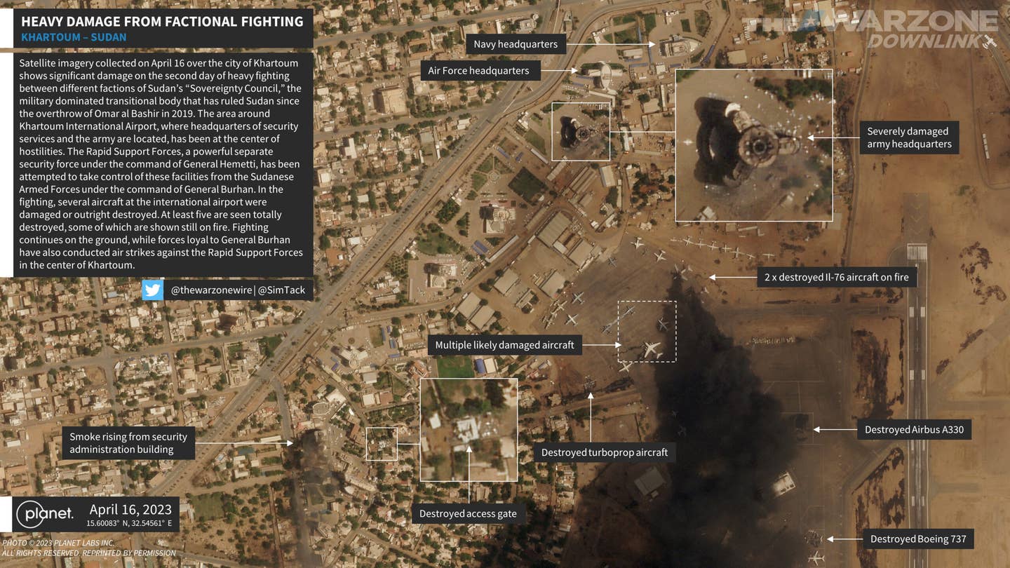 An annotated sate little view of the fairly widespread destruction at Khartoum International Airport in Sudan, with multiple aircraft — including two Il-76s, a 737, an A330, and a turboprop aircraft — totally destroyed. <em>PHOTO © 2022 PLANET LABS INC. ALL RIGHTS RESERVED. REPRINTED BY PERMISSION</em><br>