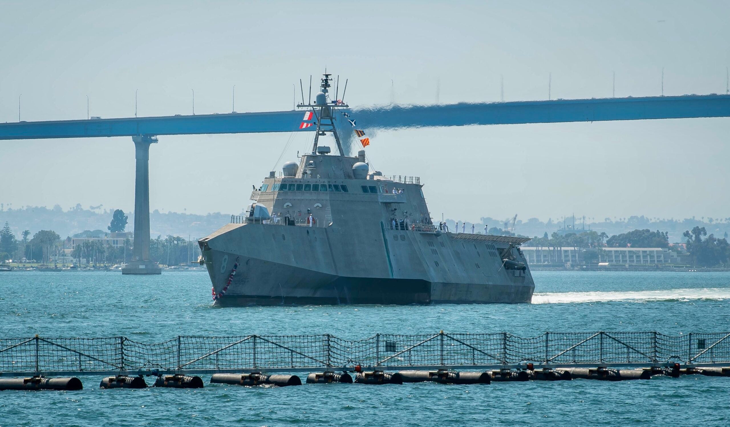 SAN DIEGO (June 10, 2020) – Independence-class Littoral combat ship USS Montgomery (LCS 8) returns to its homeport of San Diego following the successful completion a 12-month rotational deployment. The ship operated in the U.S. 7th Fleet area of operations to enhance interoperability with partners and serve as a ready-response force. (U.S. Navy photo by Mass Communication Specialist 2nd Class Alex Corona/Released)