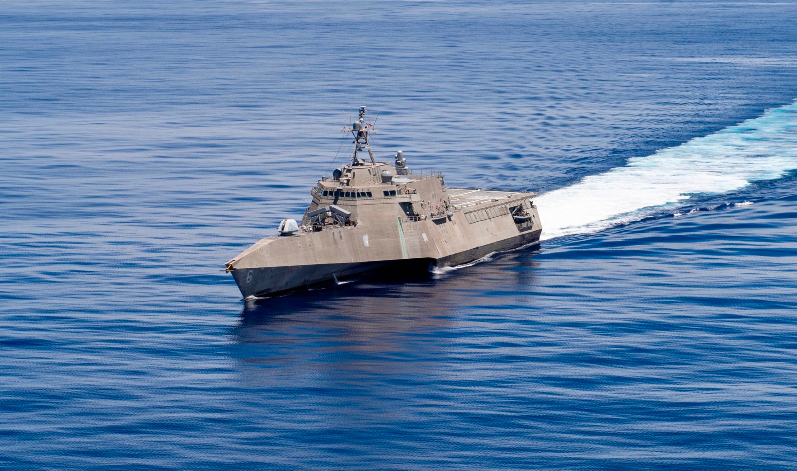 210819-N-QR052-1169

PACIFIC OCEAN (Aug. 19, 2021) The Independence-variant littoral combat ship USS Jackson (LCS 6) transits the Pacific Ocean. The Littoral Combat Ship (LCS) is a fast, agile, mission-focused platform designed to operate in near-shore environments, winning against 21st-century coastal threats. Jackson is conducting routine operations in the U.S. 3rd Fleet area of operations.  (U.S. Navy photo by Mass Communication Specialist 3rd Class Kelsey S. Culbertson/Released)